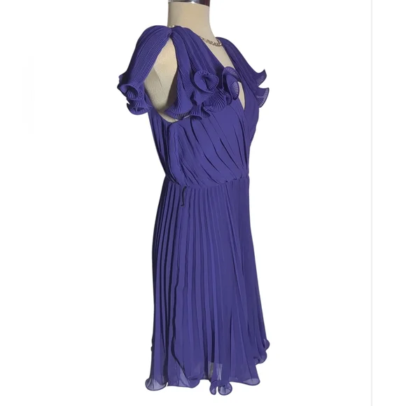 Pearl  Georgina Chapman Royal V-Neck Pleadd Purple Midi Dress Size 6 - Picture 3 of 16